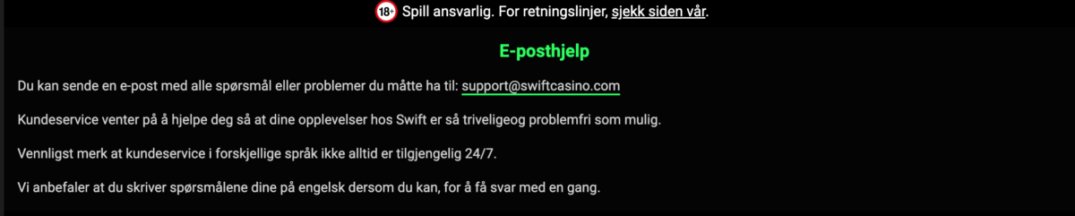 kundservice hos swift casino
