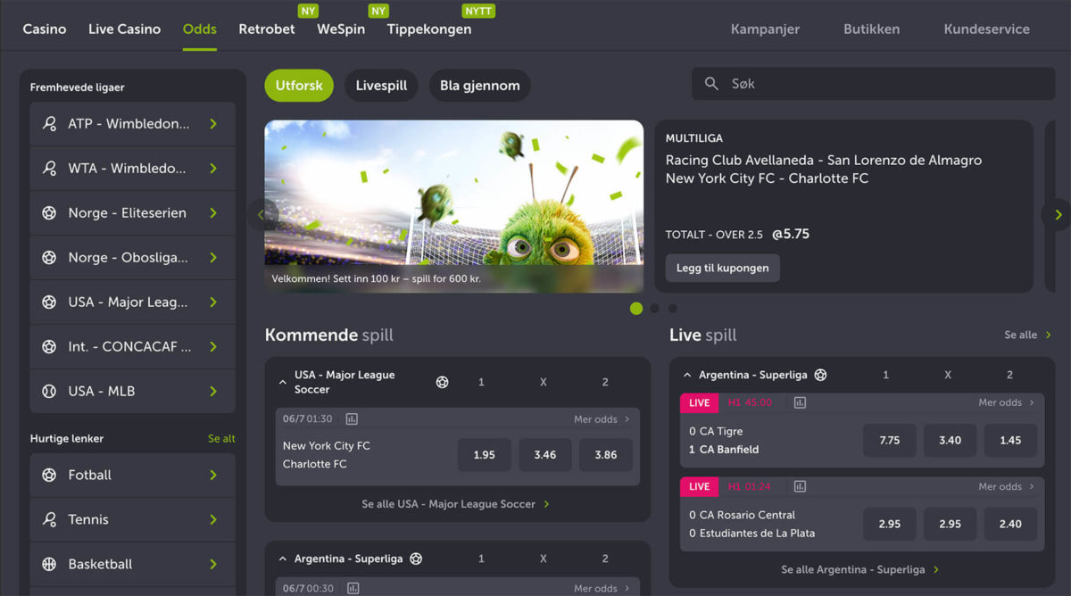comeon seksjon for sport og odds